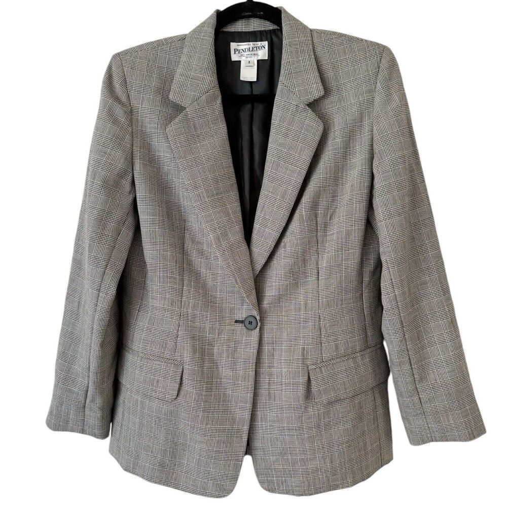 Pendleton Vintage Plaid Virgin Wool Single Button V Neck Blazer Jacket Sz 6 USA